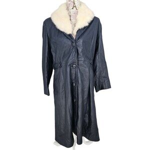 Leather Factory Blue Leather Suede Coat White Faux Fur Long Size 17/18